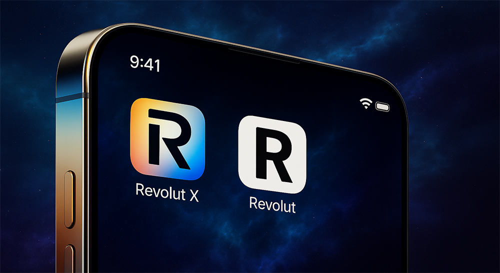 Smartphone screen displaying Revolut and Revolut X app icons against a cosmic background with a gradient metallic frame.